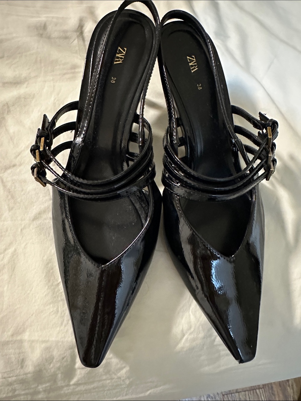 ZARA Black Patent Pointed triple-Strap Slingback kitten Heels EU 38